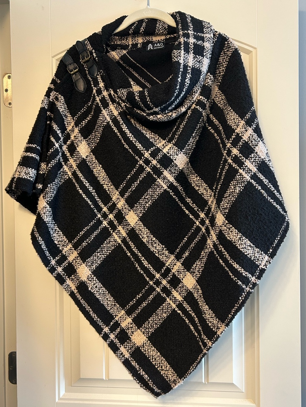 A&O International Black and Cream Plaid Poncho